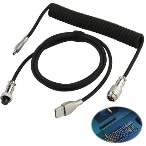 Coiled Keyboard Cable, Type C To USB A TPU Spring Mechanical Keyboard Coiled Cable with Detachable Metal Aviator Connector Double Sleeved Elastic HyperSpeed for Gaming Fast Charging Data Transfer