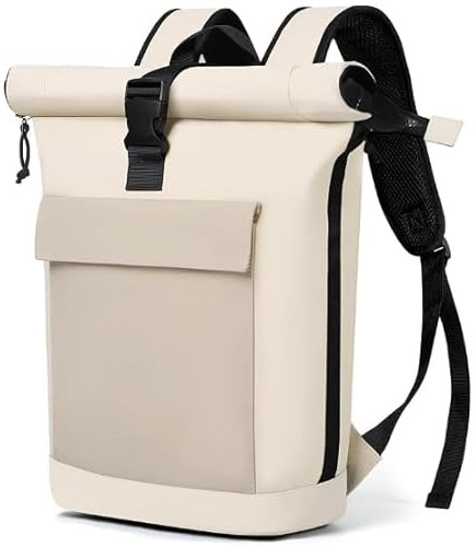 Lekespring Rolltop Rucksack Damen & Herren, Wasserabweisender Laptop-Rucksack mit 17-Zoll-Fach, Stylischer Tagesrucksack für Uni, Arbeit, Reisen und Freizeit, Erweiterbar (Beige/Khaki, L)