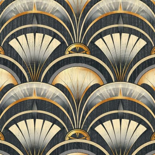 Self Adhesive Wallpaper Golden Linear Elegant Pattern Peel and Stick Contact Paper, 44x300CM Luxury Art Deco Pattern Removable Wallpaper Decorative Film for Wall Cabinet Furniture