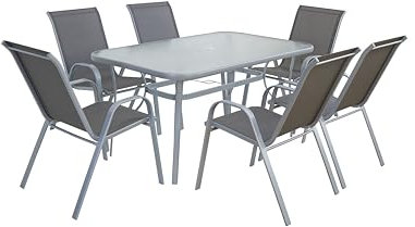 ΖΕΝJΟΥ OUTDOOR FURNITURE ZENJOY, Kindly, Gartenmöbel Set mit 6 Stühlen, Gartenmöbel Set, 150x90cm Glastisch mit Loch für einen Regenschirm, Stapelbare Textilene-Stühle, Wetterfest, UV-beständig, Grau