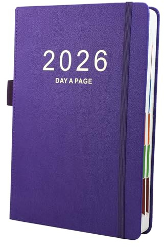 Terminplaner 2026, A5, Tag pro Seite, Kalender 2026 von Januar bis Dez, Produktivität, A5-Tagesplaner, Ganzjahresplaner mit bunten monatlichen Registern, feine Innentasche, 15 x 21,6 cm (lila)