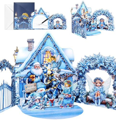 JMHACHY Engel-Pop-Up-Weihnachtskarten – Weihnachtskarten mit Umschlag, handgefertigt, 3D-Weihnachtsgeschenke für Tochter, Schwester, Enkelin, Vintage-blaue Winterfee, Landhaus mit Engel