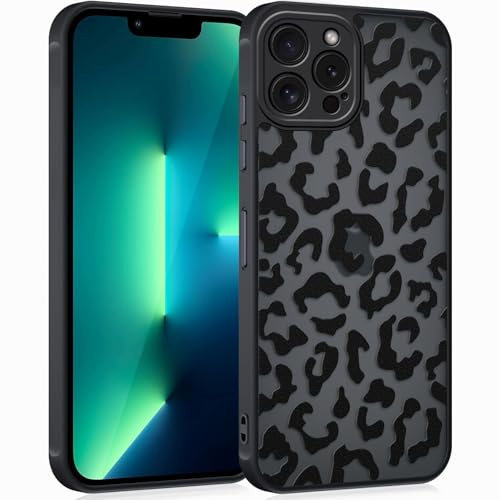 Coqinen Handyhülle für iPhone 13 Pro Hülle, Matt Transluzente Case mit Stilvolle Leopard Muster, Silikon Aesthetic Schutzhülle mit Kratzfeste PC Rückseite + Stoßfest TPU Bumper - Schwarz
