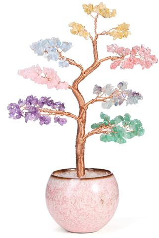 JSDDE Grand Arbre de Vie en Pierres 7 Chakras avec Vase Céramique Rose | Bohème Bonsai Arbre de Cristal en Cuivre en Bol Céramique Rose Bibelots Décoration Bureau Spirituel Cadeau Femmes