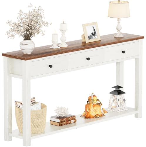 iSunirm Table console de ferme à 3 tiroirs en bois de 120 cm de large avec compartiment de rangement pour salon, derrière le canapé, table de couloir pour entrée, salon ou entrée, marron et blanc
