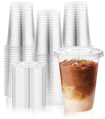 KesaPlan 100 Stück 350ml Plastikbecher mit Deckel, Wiederverwendbare Plastikbecher Plastik Trinkbecher für Eiskaffee, Smoothie, Saft, Limonade, Kalte Getränke