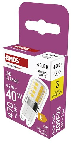 EMOS - G9 LED Lampe CLASSIC 4,2 Watt, ersetzt 40 Watt Halogenlampe - G9 Pin Lampe JC mit Helligkeit 470 Lumen - Neutralweiß 4000 Kelvin - langlebig 30000 h - 300° Abstrahlwinkel - SMD LEDs