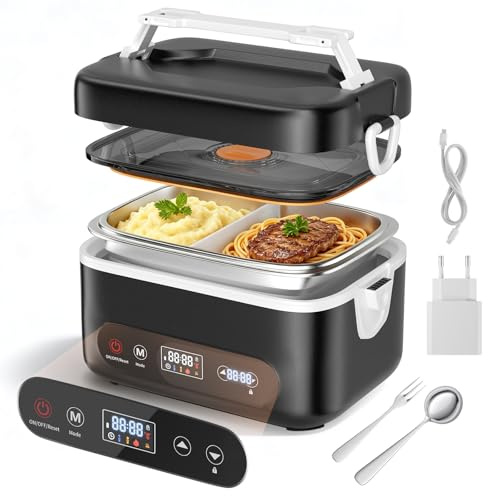 Fiambrera Electrica, 1,2L Inteligente Taper Electrico para Comida con Pantalla Táctil, Fiambrera Termica Portátil con Vajilla de Acero Inoxidable y Bolsa Aislante, Lonchera Termica para Coche, Oficina