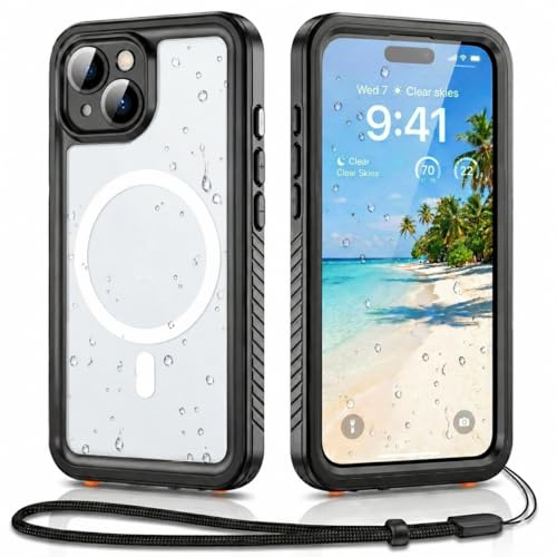 FYHCMC Magnetic for iPhone 15 Case IP68 Waterproof Built-in Screen & Camera Protector Full Body Military Shockproof Dustproof Cover,Black