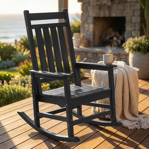 FurniSoar Schaukelstuhl Gartenstuhl für den Außenbereich, HDPE Schaukelstuhl für Erwachsene mit hoher Rückenlehne, Wetterfest, für Terrasse, Garten, Rasen, Veranda, Schwarz