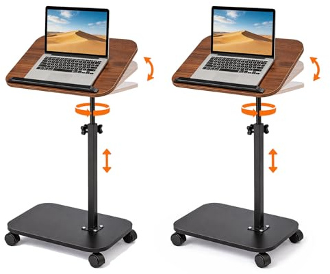 2*Side table with wheels Adjustable C-Shaped Laptop Desk Lamp Sofa Bedside Table Flip 180° + Rotate 360° Swivel Tray Mobile End table Rolling TV Bathtub Space-Saving for Living Room Bedroom Brown