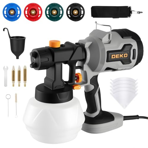 DEKO Pistola de Pintura Eléctrica de 550W, Depósito 1200ml, 4 Boquillas | 3 Modos de Rociado, Motor de 38 000 rpm, Desmontaje Rápido sin Herramientas. Apta para Paredes, Muebles, Cercas y Bricolaje