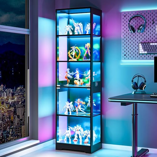 Wumagin Glasvitrine mit 3 Farben Led Beleuchtung 180 cm, 5 Ebenen Glasvitrine mit Intelligente Sensorik für Schlafzimmer, Wohnzimmer (180 × 40 × 35cm)