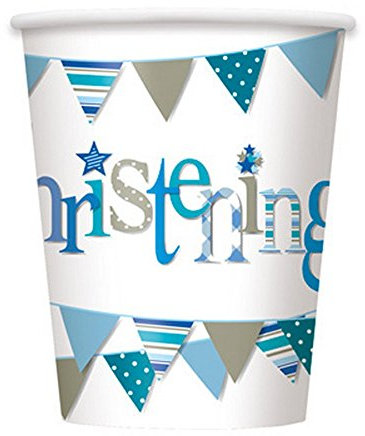 Blue Bunting Christening Paper Cups (9oz) Pack of 8 - Durable & Festive Design, Perfect for Celebrations