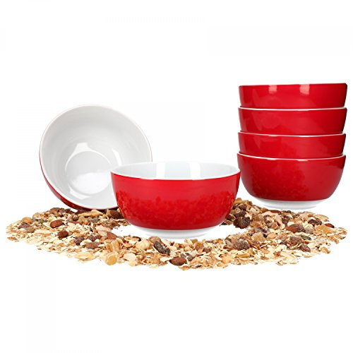 van Well Vario Müslischalen-Set 6-teilig - Schalen-Service für 6 Personen - tiefe Suppen-Schüssel 14cm - Porzellan-Set innen weiß & außen Rot - Salat-Schüssel mikrowellengeeignet