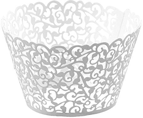Trimming Shop White Cupcake Wrappers Laser Cut Floral Design Paper Cup Holders, Muffin Cup Liners for Weddings, Baby Showers, Birthdays, Anniversaries & Special Events (Pack of 100)
