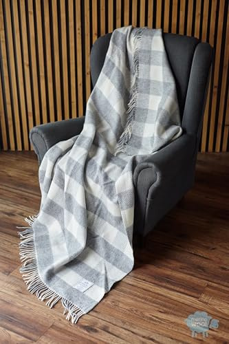 Merino Wool Tagesdecke, 100% englisches Teesofa, Picknickdecke, Bettüberwurf, kariert, Naturwolle, Doppeldecke, 160 x 200 cm, Naturprodukt, (grau)