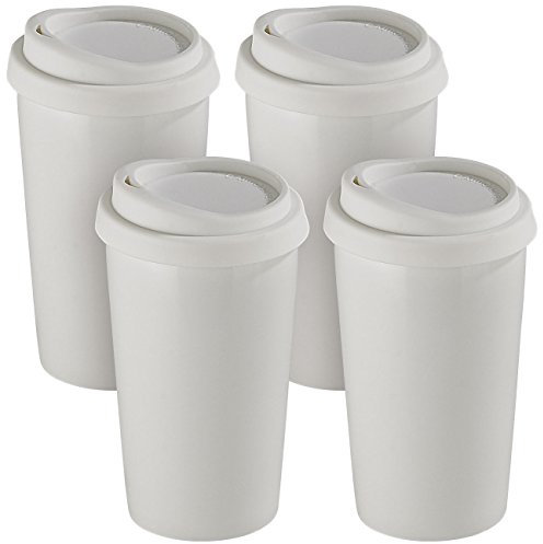 Rosenstein & Söhne Kaffee Thermobecher: 4 Coffee-to-go-Becher aus Keramik, Silikondeckel, 250 ml, doppelwandig (Becher-Tasse mit Silicon-Deckel, Thermobecher Kaffee to Go, Porzellan)