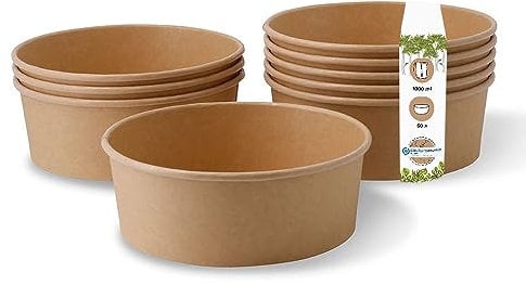 GREENBOX Einweg Salatschale Bio Einweggeschirr Suppen-Schale braun rund 1000 ml I Kompostierbare Schalen Kraftkarton Verpackung mit PLA Innenbeschichtung I 50 Einweg-Schalen To Go Becher Salat