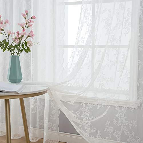 MIULEE Tende di Pizzo-Tende per Finestre in Pizzo Trasparente Ricamate Floreali per Camera da Letto Soggiorno, Tenda Ricamate Bianco con Occhielli, 2 Pezzi Tenda, 2 X150x175cm(LxA)