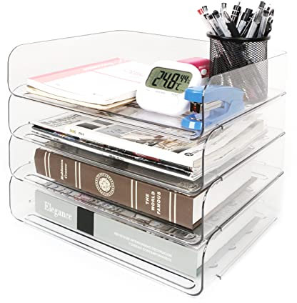 ZPONEED 4 Tier Letter Tray Organizer Stackable Letter Tray Office Desk Organiser A4 Paper Filing Trays File Holder for Home Office School, Clear