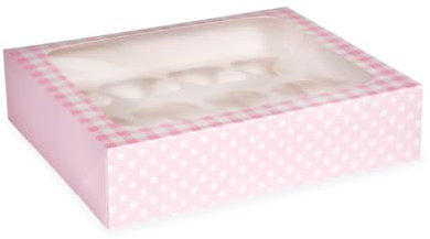 Anniversary House Pink Cupcake Box with Window and Removable 12 Hole Insert, Gingham and Polka Dot Print, 1 Pack, Easy Assembly, 7.5 x 25 x 31 CM, J163