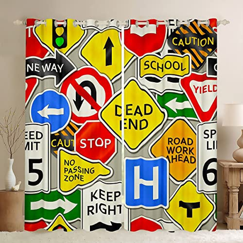 Feelyou Auto-Verdunkelungsvorhänge (30 % – 50 %) Cartoon-Straßenschild-Vorhänge für Schlafzimmer Wohnzimmer Kinderfahrzeugthema bunte Wegweiser Verdunkelung Vorhänge Fenstervorhänge Dekor (2 Paneele,