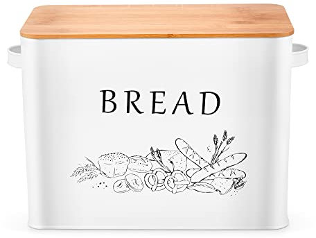 Herogo Bread Bin, Metal Bread Box with Wooden Lid for Cutting Bread Board, Extra Large Bread Holder Holds 2 Loaves, Space Saving Bread Storage for Kitchen Countertop, 33x18x24.5cm (White)