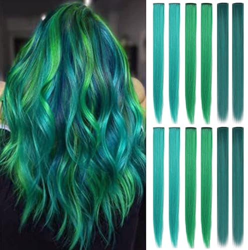 XIRRWWH 12 Stücke 21 Inch Farbe Haarverlängerung Clip in, Bunte Haarsträhnen Haarteile Heat Resistant Gerade Multicolor Haarzubehör für Mädchen(Dunkelblau-grün,Grün,Türkis)
