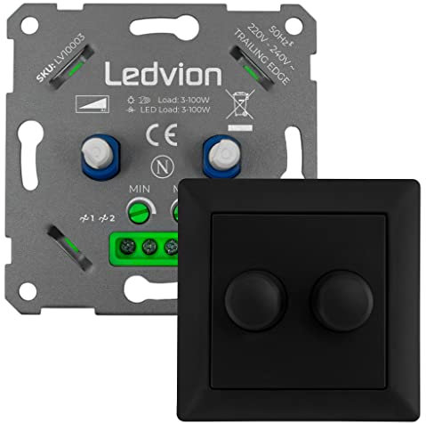 Ledvion - LED Duo Dimmer 3-100 Watt, inkl. Schwarze Abdeckplatte, Universell, LED, Einbaudimmer, Phasenabschnitt