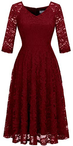 Dressystar Damen Festlich Spitzenkleid Sommer Abendkleid Kurz Ballkleider Weihnachten Party Kleid Dunkelrot XL