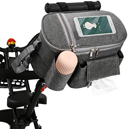 Pinsheng Kinderwagen Organizer, Buggy Kinderwagentasche mit Durchsichtigem Handyhalter, Reißverschlussdeckel, 1 Organizer-Regenschutz, 2 Buggy-Clips, Wasserdicht Großer Stauraum Kinderwagen Organizer