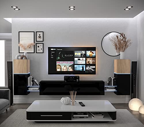 Furnitech Wohnwand Wohnzimmer | Wohnzimmer Möbel mit LED Weiß | Hängend Wohnwand Modern | Wohnzimmer Schrankwand mit Regale und TV Schrank (AN104-21SB-HGM5-1C)