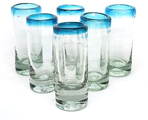 MexHandcraft Aqua Blue Rim 2 oz Tequila Shot Glasses (set of 6), Recycled Glass, Lead-free, Toxin-Free (Shot)