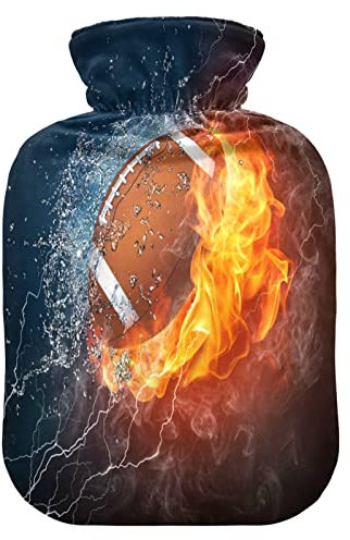 American Football in Fire Wärmflasche mit Abdeckung, 1 l transparente Wärmflasche, heiße Kaltkompresse, ideal für Krämpfe, Rücken, Schulter, Schmerzlinderung, Kinder, Männer und Frauen, Handfußwärmer