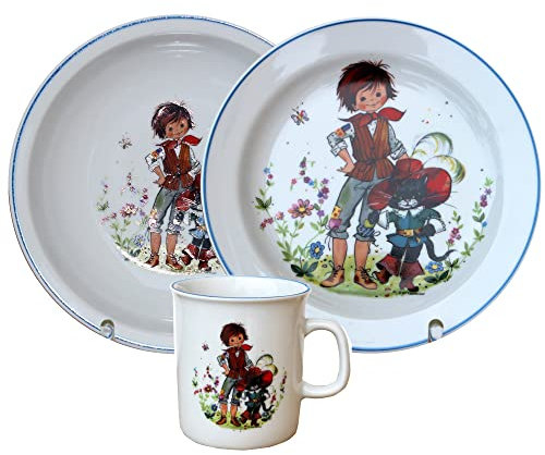 Kindergedeck 3-tlg. Porzellan modernes buntes Märchenmotiv by L.E.R.D.93 (gestiefelter Kater)