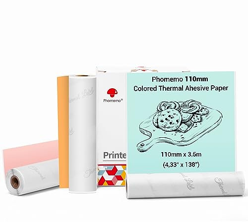 Phomemo 110mm couleur Papier pour mini imprimante de poche M04S/M04AS, 3 rouleaux de papier autocollant thermique couleur, 110 mm x 3,5 m, conservation 20 ans, orange/vert/rose