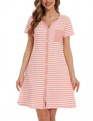 Marvmys Chemises Nuit Femme Coton Manches Courtes Rayure Robe De Nuit Bouton Ouvert Devant Vêtements de Nuit Chemise De Nuit Cardigan Femme Vêtement d'Intérieur Femme Rose XL