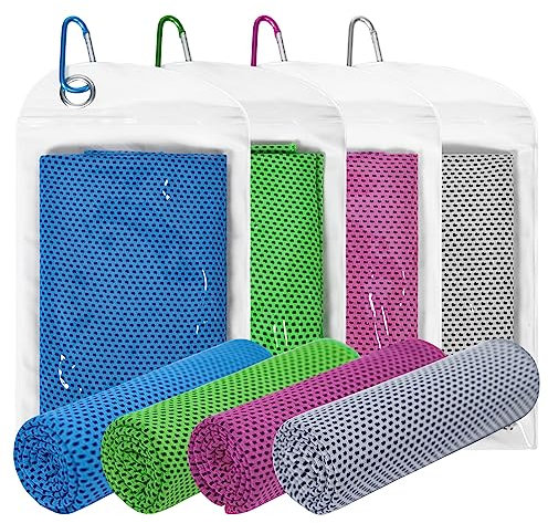Yoimira Kühltuch 4er Set,Cooling Towel für Sport & Fitness,kühltücher sporthandtuch microfaser,kühlhandtuch cool Towel für Laufen Yoga Golf Tennis Camping Reisen, Hellblau/Rose Rot/Neon Grün/Hellgrau