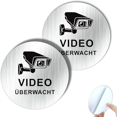 Goodvia Videoüberwachung Schild Klein Selbstklebend Gebürstete Aluminiumoberfläche 10 cm Montage auf Verschiedenen Oberflächen wie Türen 2 Stück