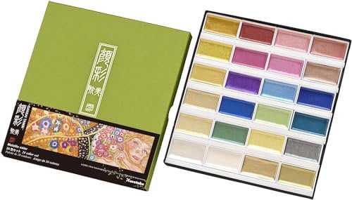 Kuretake Gansai Tambi 24 Metallic Watercolor set, Ensemble d'aquarelles (Lot de 24 couleurs métalliques), Japonais Dorée Gouache Aquarelle, Aquarelle metallique, MC20/24V/NW2