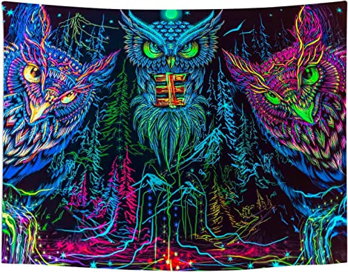 Ulticool – Eule Greifvogel Boho - Glow in the Dark Wandteppich - Schwarzlicht under UV Reaktive Bright Black Neon Light - Blacklight Psychedelisch im Dunkeln Leuchtende Wandtuch - 200 x 150 cm