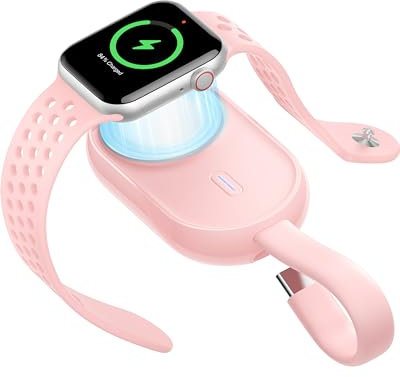 Charmast Portable Charger Compatible with Apple Watch Series 9/8/SE/UItra/7/6/5/4/3/2/1, 1200mAh Wireless iWatch Charger Power Bank Built in input Cable Keychain Travel Accessories (Pink)