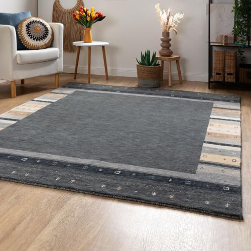 Steffensmeier Gabbeh Teppich Zagros | Wolle, Bordüre Grau Beige, Größe: 90x160 cm Kurzflor Teppich für Wohnzimmer, Ethno Look