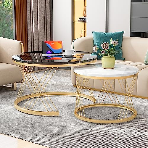 LERFAN Moderner Couchtisch 2er Set Satztisch Runder Beistelltisch mit Weiß & Schwarz Marmor Furnier Tischplatte, Goldenem Farbe Gestell und Verstellbaren Beinpolster, 70 * 70 * 45cm + 45 * 45 * 40cm