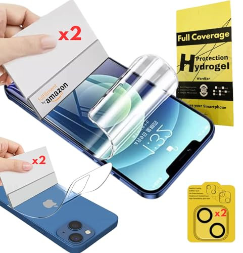 WardSan [6 Stück für iPhone 15 6,1 Zoll – 4 Hydrogel-Displayschutzfolien, 2 vorne und 2 hinten 3D + 2 Kameras aus gehärtetem Glas | Stoßfest | Kompatible Hüllen | Weicher Displayschutz | Besser als ge