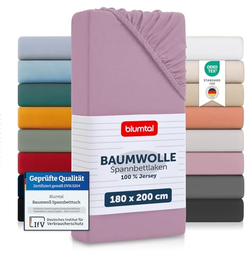 Blumtal® Baumwolle Spannbettlaken 180x200cm Basics Jersey im 2er Set - Bettbezug 180x200 cm - Oeko-TEX zertifiziertes Spannbetttuch 180x200cm - Matratzenbezug 180x200- Leintuch 180x200- Dusty Orchid