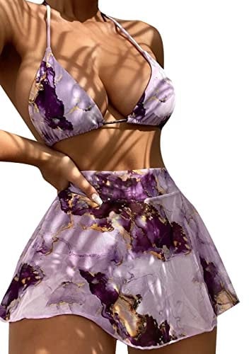 High Waist Bikini Bikini Damen Set Bauch Weg Badeanzug-Druck Color Frauen Bikini mit Bezug Split Women schieben up Badeanzug up Bikini 3ack Badebekleidung Set Schwimmanzug Damen Badeshorts (Purple, L)