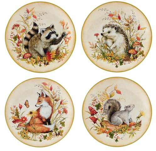 Woodland Critters 22,9 cm Keramik-Salat- und Dessertteller, Set mit 4 Stück – Herbstwald-Teller mit Fuchs, Waschbär, Eichhörnchen und Igel – Cottagecore Geschirr für Thanksgiving & Herbstmahlzeiten