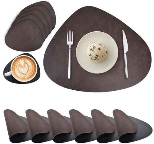 Tischsets Abwaschbar und Untersetzer, Tischsets Leder Platzsets Rund Doppelseitigen Abwischbar Hitzebeständig rutschfest Platzdeckchen Lederoptik 6er Set (Dunkelbraun Schwarz)